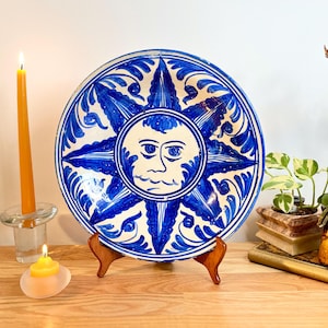 Decorative Pottery Dish, White and Blue Sun Pottery Plate, Hand painted Sun Pottery Plate