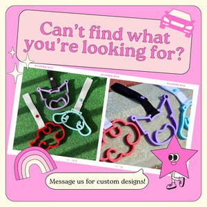 May include: Image features colorful car accessories in various shapes, including a cloud, a cat, and a dog. The text "Can't find what you're looking for?" and "Message us for custom designs!" are also visible.