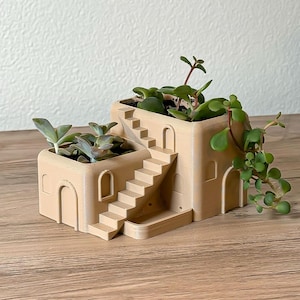 Mediterranean Arched Villa Stairs Planter with Drainage - Minimalist Planter Pot for Gardening, Herbs, Plants, Decor | 3D Printed