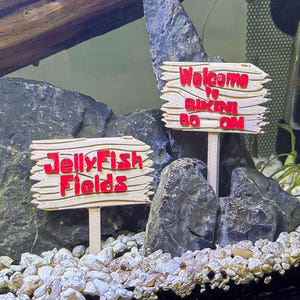 May include: Two decorative signs for an aquarium. One sign reads "JellyFish Fields" in red letters. The other sign reads "Welcome to Bikini Bottom" in red letters. The signs are made of light brown wood and are placed among rocks and gravel.
