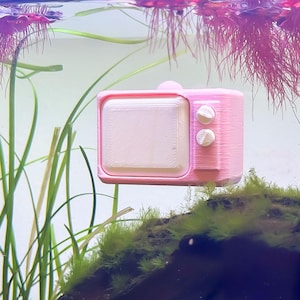 Könnte beinhalten: Ein kleines, rosa Fernsehgerät im Retro-Stil mit weißem Bildschirm und zwei weißen Knöpfen. Der Mini-Fernseher befindet sich in Wasser, umgeben von Wasserpflanzen und einer moosigen Oberfläche, wodurch eine einzigartige Unterwasserszene entsteht.