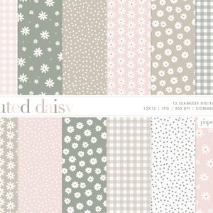 Daisy Digital Paper, Muted Boho Daisy Floral Seamless Repeat Pattern, Backgrounds, Printable Digital Paper, Commercial Use Digital Paper