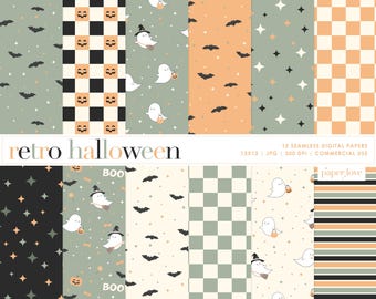 Halloween Seamless Pattern, Retro Pumpkin Halloween Pattern, Cute Ghost Paper, Digital Download, Spooky Boho Pattern, Commercial Use Paper