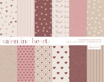12 Valentine Seamless Digital Papers, Heart Scrapbook Paper, Heart Backgrounds, Valentine Digital Paper, Commercial Use Digital Paper