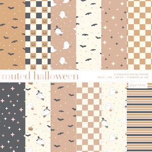 May include: A collection of 12 seamless digital papers with muted Halloween themes. The patterns include bats, stars, ghosts, jack-o'-lanterns, and checkered designs in neutral colors like beige, brown, and gray. The text "muted halloween" is displayed.