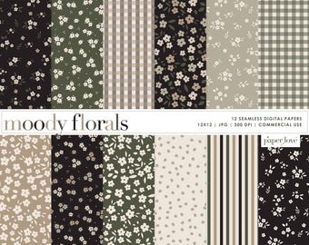 Dark Floral Digital Paper, Moody Floral Digital Paper, Moody Botanical Seamless Pattern, Floral Backgrounds, Boho Floral, Commercial Use