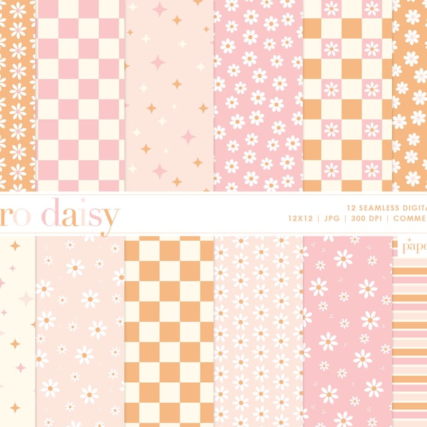 Retro Daisy Seamless Pattern, Pastel Daisy Repeat Pattern, Spring Daisy Paper, Digital Download, Boho Pattern, Commercial Use Digital Paper