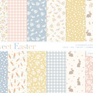 Papel digital sin costuras de Pascua, papel para álbumes de recortes con conejito de Pascua con flores primaverales, patrón de huevo de Pascua con conejito, papel con patrón de Pascua, uso comercial