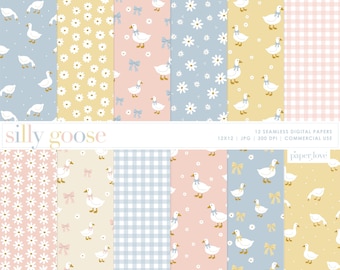May include: A collection of 12 seamless digital papers with a whimsical theme. The designs feature patterns of geese, daisies, bows, and gingham in pastel colors like blue, yellow, and pink. The text "silly goose" is visible.