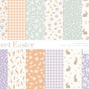 12 Carta digitale senza cuciture pasquale, carta per scrapbooking con coniglietto pasquale floreale primaverile, motivo a uovo di Pasqua, carta con motivo pasquale, uso commerciale