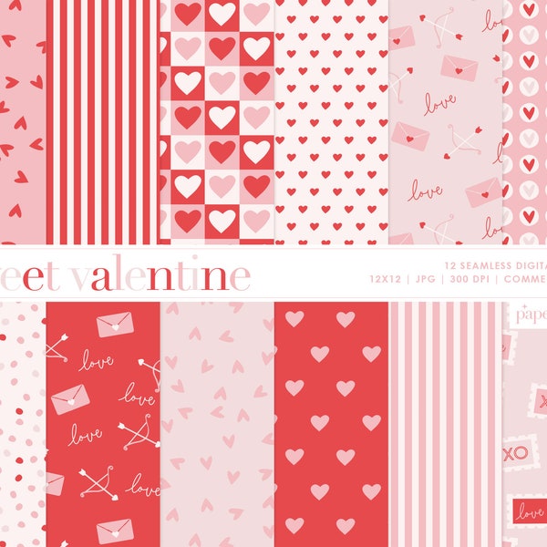 12 Valentine Seamless Digital Papers, Heart Scrapbook Paper, Love Heart Backgrounds, Valentine Digital Paper, Commercial Use Digital Paper