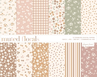 Muted Fall Floral Digital Paper, Spring Floral Seamless Pattern, Floral Backgrounds, Boho Floral, Printable Digital Paper, Commercial Use