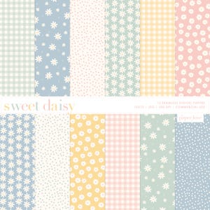 Può includere: Dodici design di carta digitale con una varietà di motivi, tra cui gingham, pois e margherite. Le carte sono in tonalità di blu, giallo, rosa e verde. Il testo "sweet daisy" e "paper, love" è incluso nell'immagine.