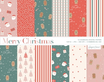 Può includere: Dodici design di carta digitale con una varietà di temi natalizi. I design includono gingham rosso e bianco, pois rossi, verde con omini di pan di zenzero, strisce rosso e bianco, verde con Babbo Natale, bianco con stelle e rosa con omini di pan di zenzero. Le carte sono di 12x12 pollici e 300 DPI. Il testo "Merry Christmas" e "paper love" è incluso nel design.