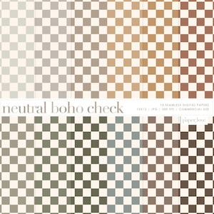 May include: Twelve digital paper patterns featuring a checkered design in various neutral colours, including beige, brown, grey, and green. The papers are 12 inches by 12 inches and 300 DPI. The text "neutral boho check" and "paper love" are visible in the image.