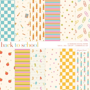 Back to School Seamless Pattern, Digital Paper for Teachers, Classroom Decor, School Supplies, Kids Art, Commercial Use Digital Paper