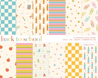 Patrón sin costuras de regreso a clases, papel digital para profesores, decoración de aulas, útiles escolares, arte infantil, papel digital para uso comercial