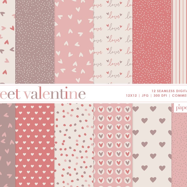 12 Valentine Seamless Digital Papers, Valentine's Day Scrapbook Paper, Heart Background, Valentine Digital Paper, Commercial Use Digital