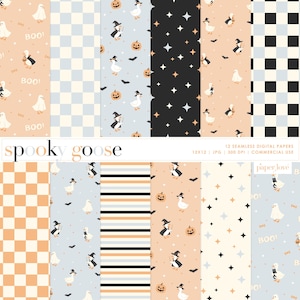 May include: A set of 12 seamless digital papers featuring Halloween designs. Patterns include ghosts, witch geese, pumpkins, bats, stars, and checkered designs in orange, black, and blue. The text "spooky goose" is visible.