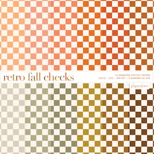 Puede incluir: Doce papeles digitales con un patrón de cuadros retro de otoño en tonos naranja, marrón y beige. Los papeles miden 12 pulgadas por 12 pulgadas y 300 DPI. Son para uso comercial. El texto "retro fall checks" y "paper, love" está incluido en la imagen.