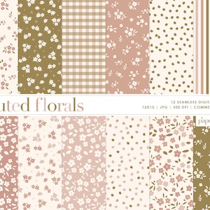 Peut inclure: Douze motifs de papier numérique avec des motifs floraux doux dans des tons de rose, marron et blanc. Les motifs comprennent de petits imprimés floraux, des pois, du vichy et des rayures. Les papiers mesurent 12x12 pouces et 300 DPI. Le texte "muted florals" et "paper love" est inclus dans l'image.