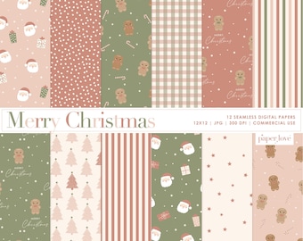 May include: Twelve digital paper designs featuring a variety of Christmas themes. The designs include gingerbread men, Christmas trees, Santa Claus, stars, and polka dots. The papers are in shades of pink, green, and white.