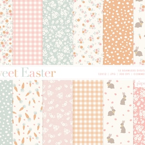 12 papeles digitales sin costuras de Pascua, papel para álbumes de recortes con conejitos de Pascua con flores primaverales, patrón de huevos de Pascua, papel con patrón de Pascua, uso comercial