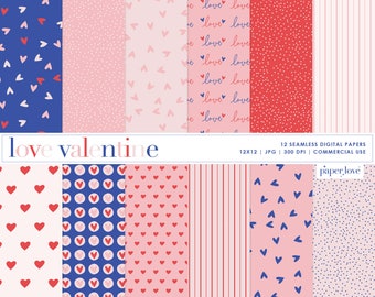 12 Love Heart Valentine Seamless Digital Papers, Valentine Digital Paper, Heart Backgrounds, Scrapbook Paper, Commercial Use Digital Paper