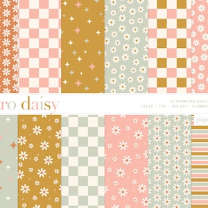 May include: Twelve digital paper designs in a retro style with daisy, star, and checkered patterns in pink, green, and gold colors. The text "retro daisy" and "paperlove" are included in the image.