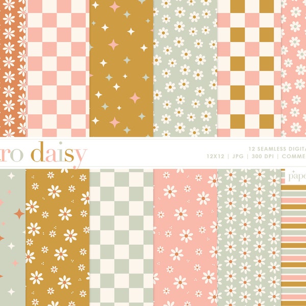 Retro Daisy Seamless Pattern, Summer Daisy Repeat Pattern, Check Digital Paper, Digital Download, Boho Pattern, Commercial Use Digital Paper