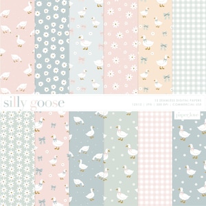 Puede incluir: Una colección de doce papeles digitales sin costuras con varios patrones. Los diseños incluyen margaritas blancas, cuadros vichy y gansos con lazos. La paleta de colores presenta tonos pastel suaves de rosa, azul y verde. Se muestra el texto "silly goose".
