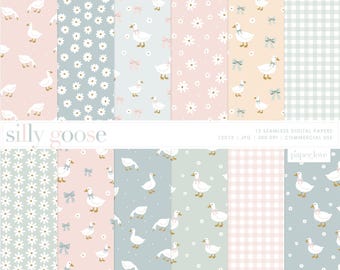 May include: A collection of twelve seamless digital papers with various patterns. Designs include white daisies, gingham, and geese with bows. The color palette features soft pastel shades of pink, blue, and green. The text "silly goose" is displayed.
