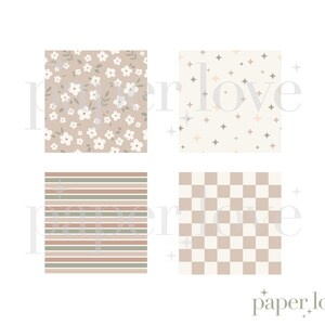 Pu&ograve; includere: Quattro motivi di carta digitale disposti in una griglia. Il motivo in alto a sinistra &egrave; uno sfondo marrone chiaro con piccoli fiori bianchi e foglie verdi. Il motivo in alto a destra &egrave; uno sfondo beige chiaro con piccole stelle dorate e pesca. Il motivo in basso a sinistra &egrave; uno sfondo marrone chiaro con strisce marroni chiare e scure alternate. Il motivo in basso a destra &egrave; uno sfondo marrone chiaro con un motivo a scacchiera di quadrati marroni chiari e scuri.