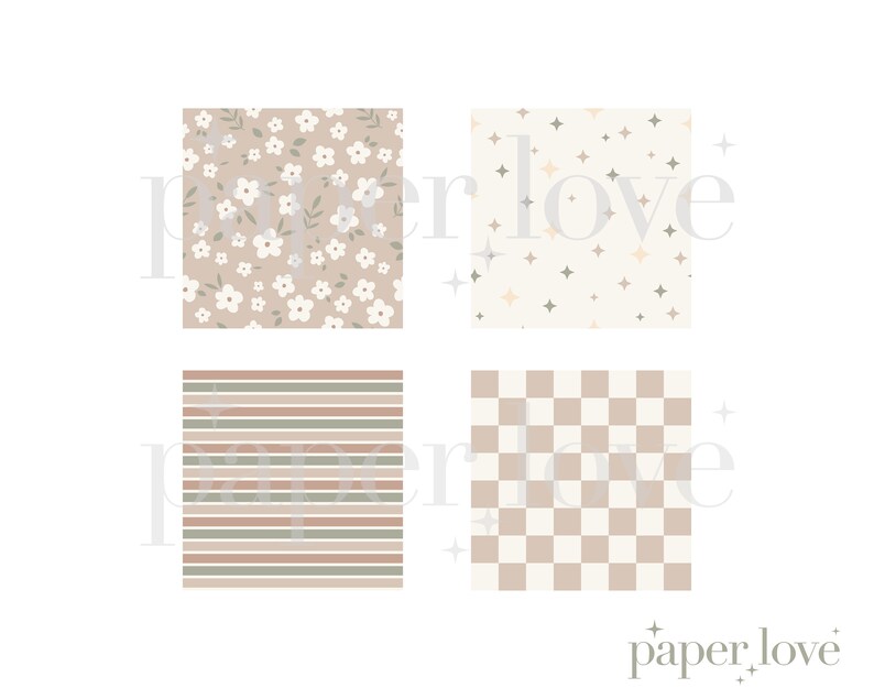 Pu&ograve; includere: Quattro motivi di carta digitale disposti in una griglia. Il motivo in alto a sinistra &egrave; uno sfondo marrone chiaro con piccoli fiori bianchi e foglie verdi. Il motivo in alto a destra &egrave; uno sfondo beige chiaro con piccole stelle dorate e pesca. Il motivo in basso a sinistra &egrave; uno sfondo marrone chiaro con strisce marroni chiare e scure alternate. Il motivo in basso a destra &egrave; uno sfondo marrone chiaro con un motivo a scacchiera di quadrati marroni chiari e scuri.