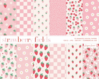 Strawberry Daisy Seamless Pattern, Cute Pastel Strawberry Pattern, Daisy Paper, Digital Download, Boho Pattern, Commercial Use Digital Paper