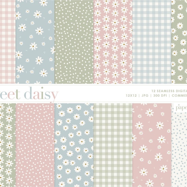 Daisy Digital Paper, Pastel Daisy Floral Seamless Repeat Pattern, Daisy Printable Digital Paper, Backgrounds, Commercial Use Digital Paper