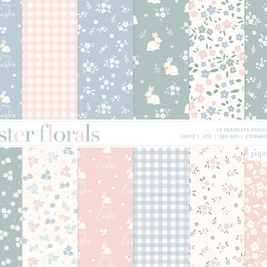 12 papeles digitales sin costuras de Pascua, papel para álbum de recortes de Pascua con flores en colores pastel, fondo de conejito, papel con patrón de Pascua, papel digital para uso comercial