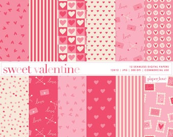 12 Valentine Hearts Seamless Digital Papers, Valentine's Day Scrapbook Paper, Heart Background, Valentine Digital Paper, Commercial Use