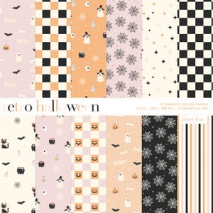 May include: A set of 12 seamless digital papers with a retro Halloween design. The patterns feature ghosts, bats, spiderwebs, and checkerboard designs in orange, black, and cream. The text "retro halloween" is visible.