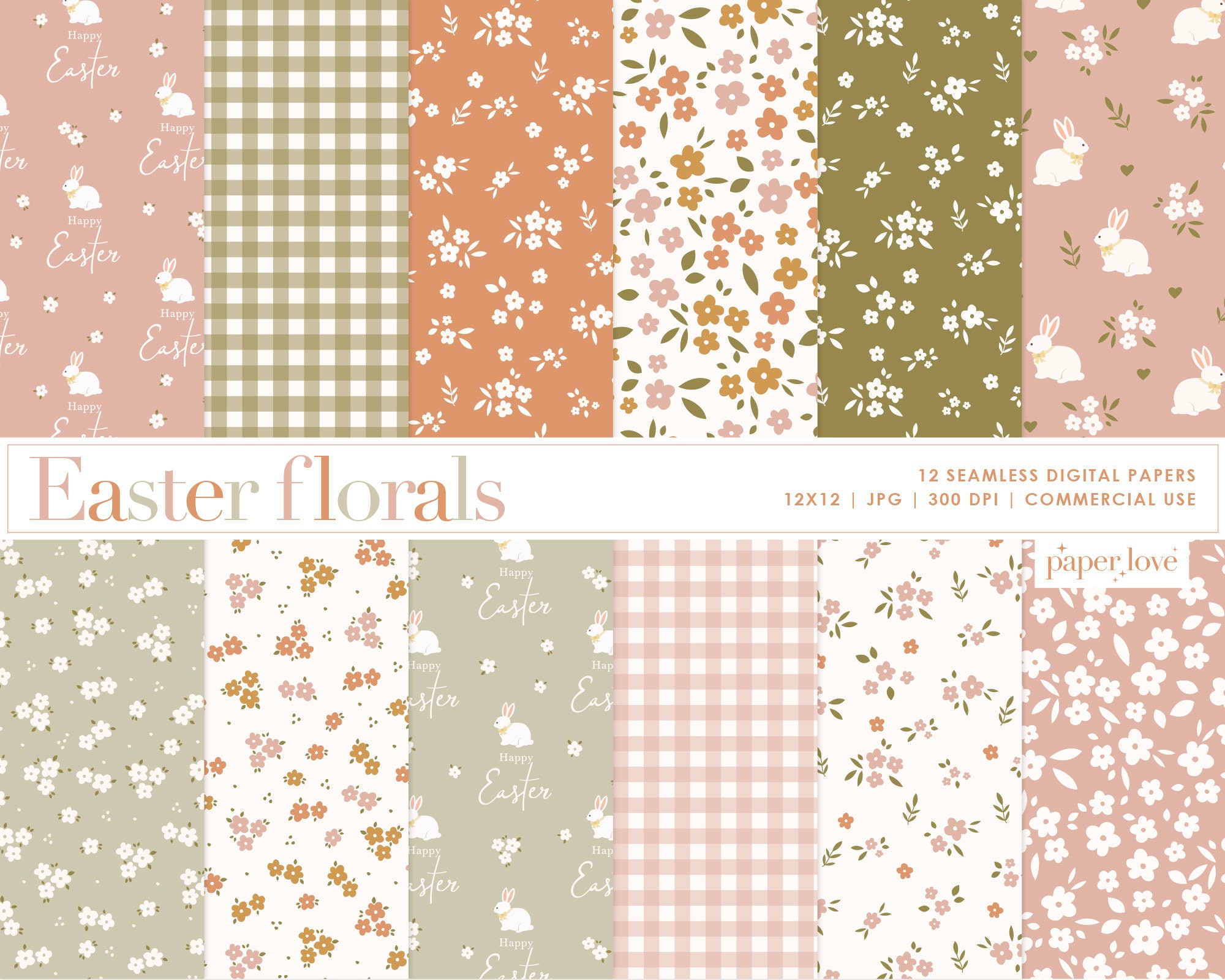 12 Easter Seamless Digital Papers, Boho Easter Scrapbook Paper, Bunny ...