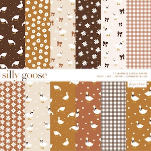 Peut inclure: Douze papiers numériques sans couture avec des motifs de canards, de marguerites et de carreaux vichy dans des tons de marron, beige et crème. Les motifs incluent des oies avec des nœuds papillon. Le texte "silly goose" est affiché en bas.