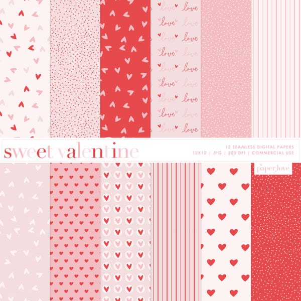 12 Valentine Seamless Digital Papers, Heart Scrapbook Paper, Heart Backgrounds, Valentine Digital Paper, Commercial Use Digital Paper