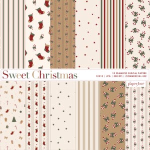 Pode incluir: Uma coleção de doze papéis digitais sem costura com padrões de Natal, incluindo meias vermelhas e verdes, bengalas doces, estrelas e listras verticais em fundos creme e bege. O texto diz Sweet Christmas 12x12 JPG 300 DPI.