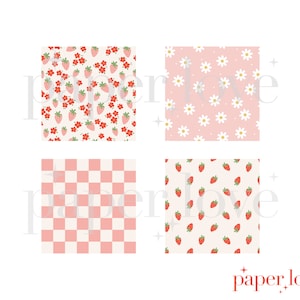 May include: Four digital paper patterns featuring a pink and white checkered pattern, a pink background with white daisies, and two patterns with red strawberries on a white background.