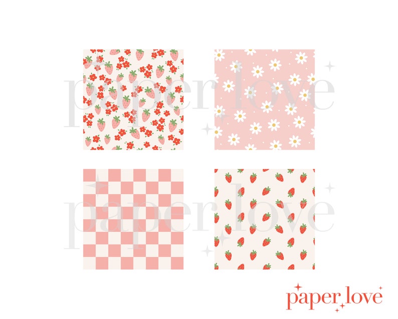 May include: Four digital paper patterns featuring a pink and white checkered pattern, a pink background with white daisies, and two patterns with red strawberries on a white background.