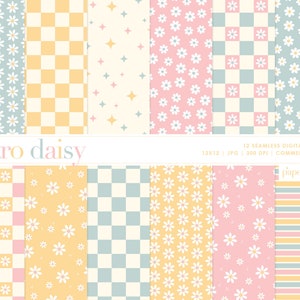 Retro Gänseblümchen Nahtloses Muster, Pastell Gänseblümchen-Wiederholungsmuster, Frühlingsblumenpapier, digitaler Download, Boho-Muster, kommerzielle Nutzung Digitales Papier