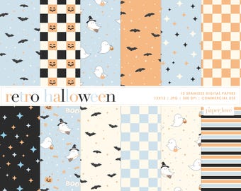 Halloween Seamless Pattern, Retro Pumpkin Halloween Pattern, Cute Ghost Paper, Digital Download, Spooky Boho Pattern, Commercial Use Paper