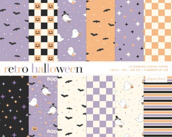 Halloween Seamless Pattern, Retro Pumpkin Halloween Pattern, Cute Ghost Paper, Digital Download, Spooky Boho Pattern, Commercial Use Paper