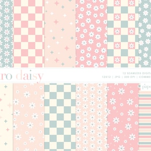 Motivo retrò senza soluzione di continuità con margherite, carta con margherite primaverili, motivo ripetuto floreale pastello, download digitale, motivo boho, carta digitale per uso commerciale