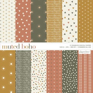 Puede incluir: Doce patrones de papel digital en colores boho apagados. Los patrones incluyen soles, triángulos, puntos y signos más sobre un fondo crema.